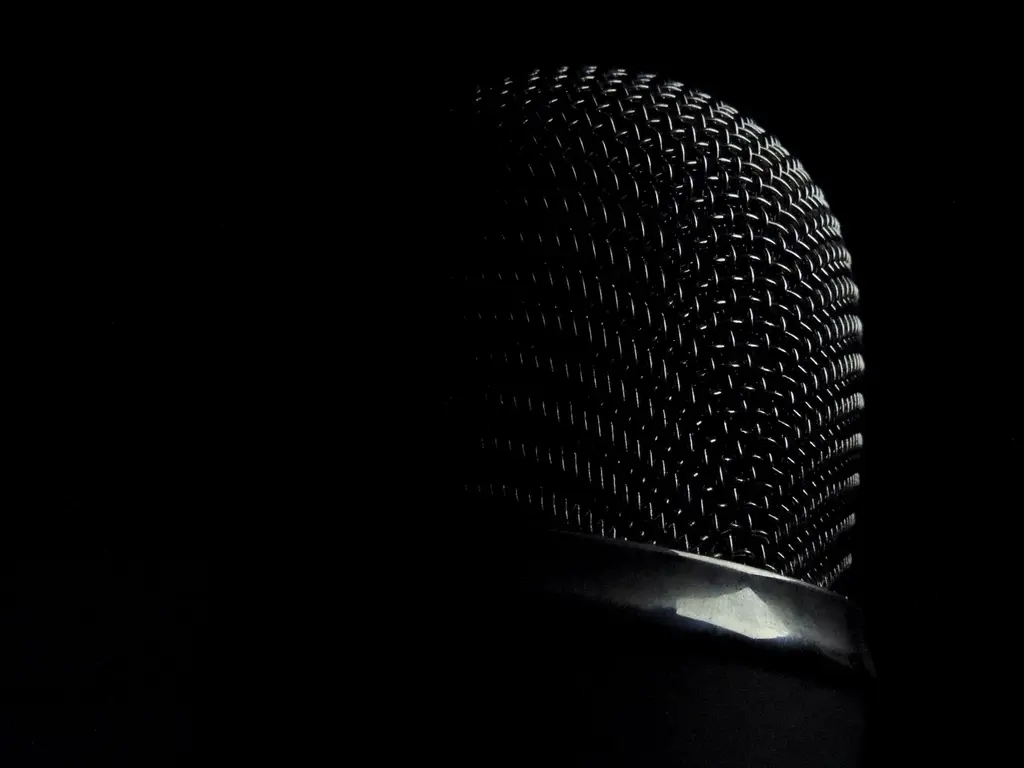 A ribbon microphone emerging from near-total darkness