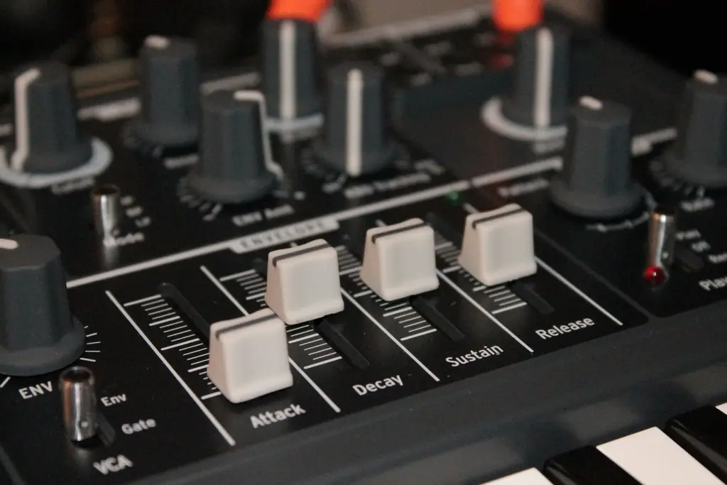 Close detail of an analogue synthesiser envelope section